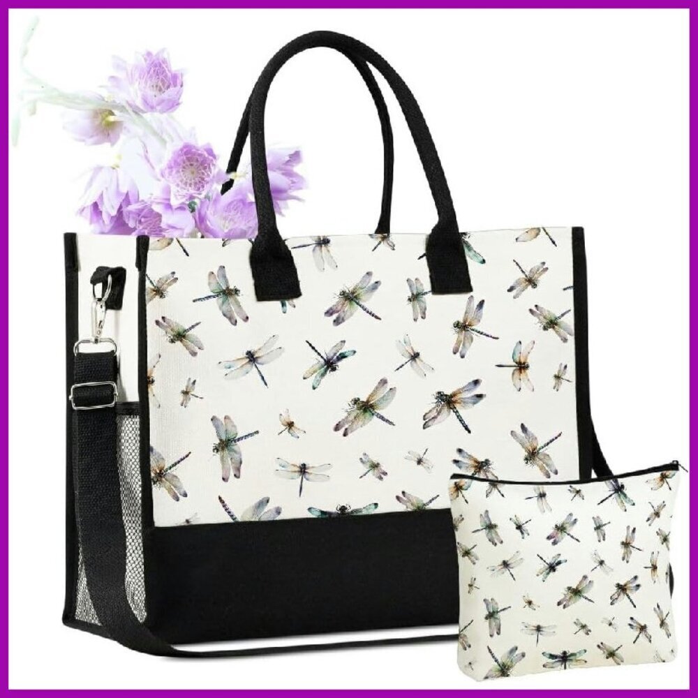Canvas Tote Bag with Top Zipper Closure and Adjustable Shoulder Strap